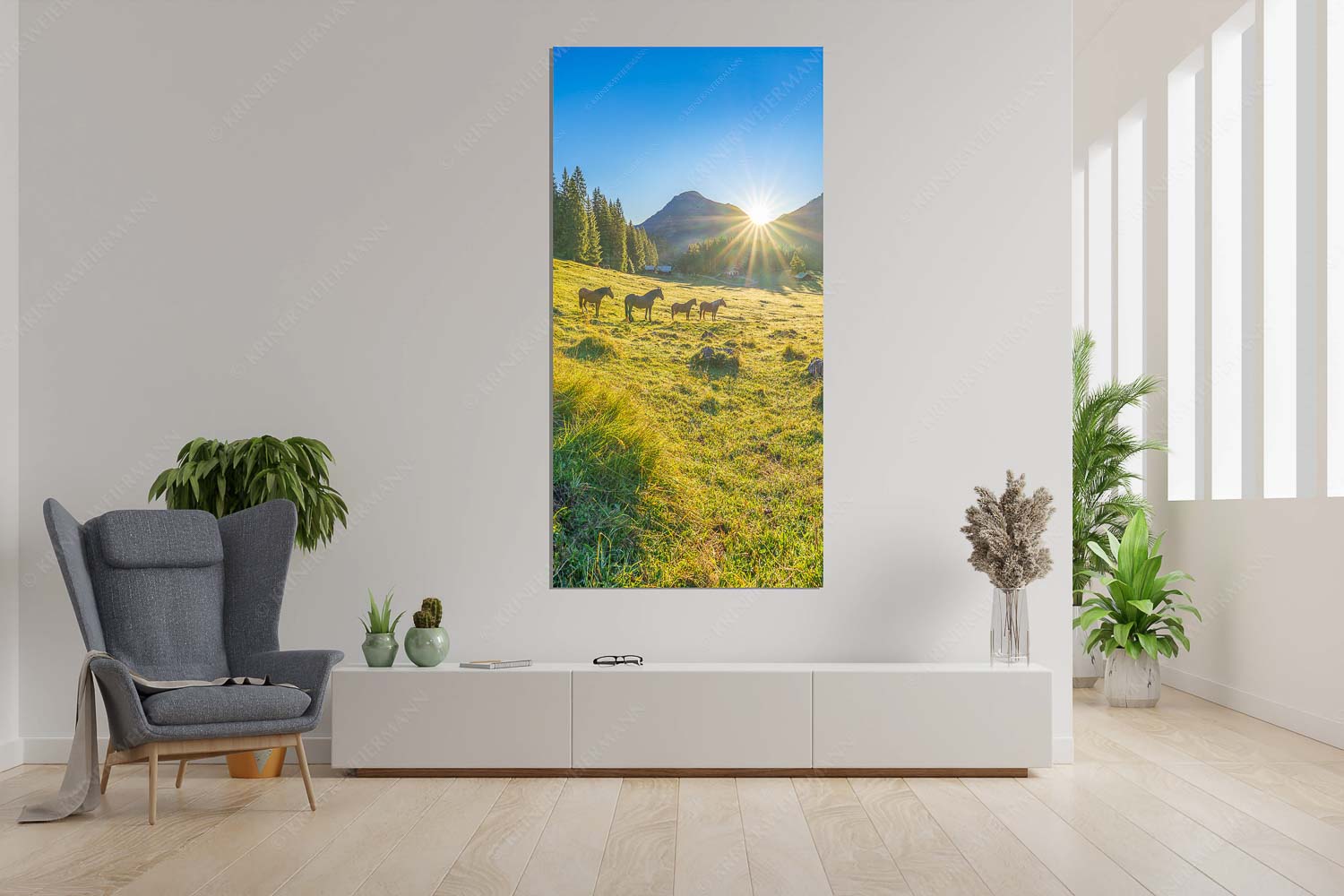 Almpferde – Wandbild – Größe ca. 90x180cm, Seitenverhältnis 1:2 — Brandlealm Sonnenaufgang auf der Brandlealm im Karwendelgebirge - Almpferde - Wandbild - Größe ca. 90x180cm, Seitenverhältnis 1:2 - Brandlealm - weitere Infos unter https://www.kriner-weiermann.de