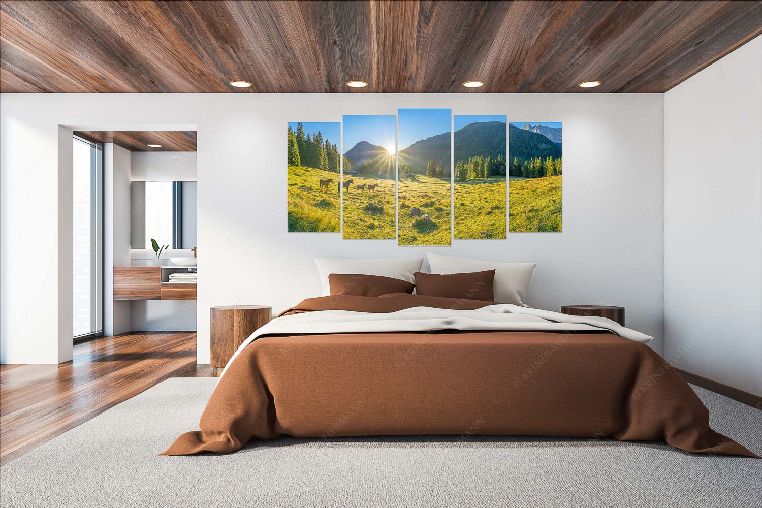 Almpferde – Wandbild – 5er Split, Größe ca. 200x100cm, Seitenverhältnis 2:1 — Brandlealm Sonnenaufgang auf der Brandlealm im Karwendelgebirge - Almpferde - Wandbild - 5er Split, Größe ca. 200x100cm, Seitenverhältnis 2:1 - Brandlealm - weitere Infos unter https://www.kriner-weiermann.de