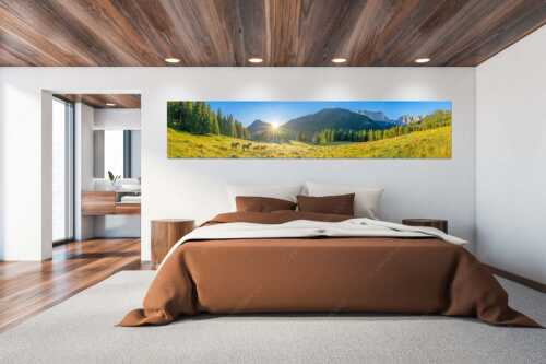 Sonnenaufgang auf der Brandlealm im Karwendelgebirge - Almpferde - Wandbild - Größe ca. 300x60cm, Seitenverhältnis 5:1 - Brandlealm - weitere Infos unter https://www.kriner-weiermann.de