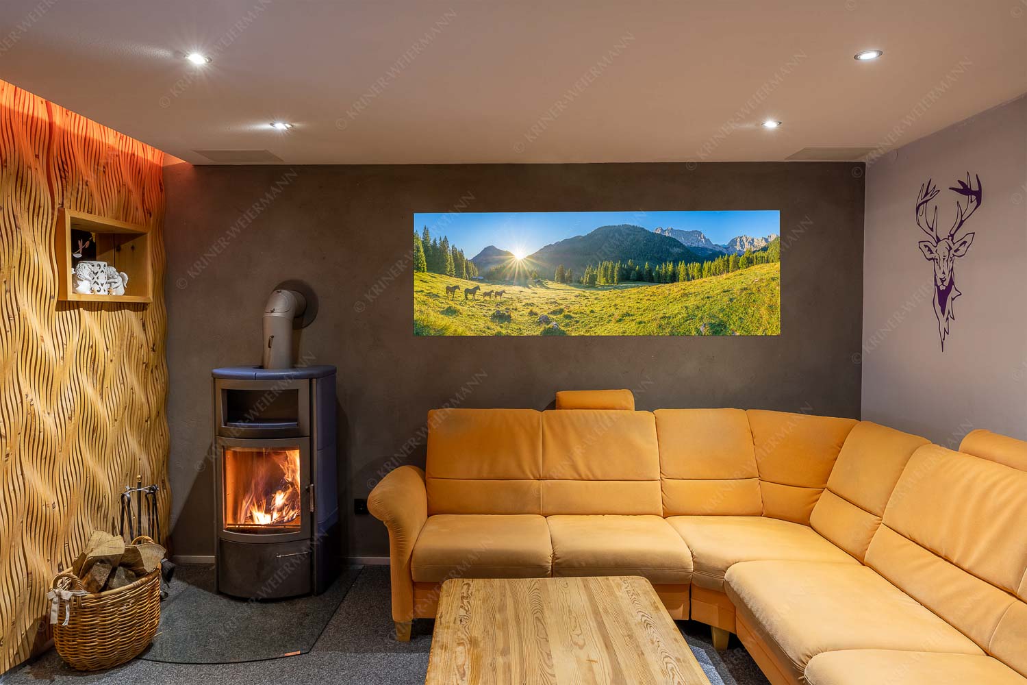 Almpferde – Wandbild – Größe ca. 180x60cm, Seitenverhältnis 3:1 — Brandlealm Sonnenaufgang auf der Brandlealm im Karwendelgebirge - Almpferde - Wandbild - Größe ca. 180x60cm, Seitenverhältnis 3:1 - Brandlealm - weitere Infos unter https://www.kriner-weiermann.de