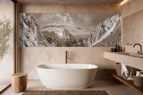 Letzte Sonnenstrahlen im Bereich der Schöttlkarspitze - Leuchttürme - Wandbild - Größe ca. 300x100cm, Seitenverhältnis 3:1 - Sonnenuntergang im Soierngebirge - weitere Infos unter https://www.kriner-weiermann.de