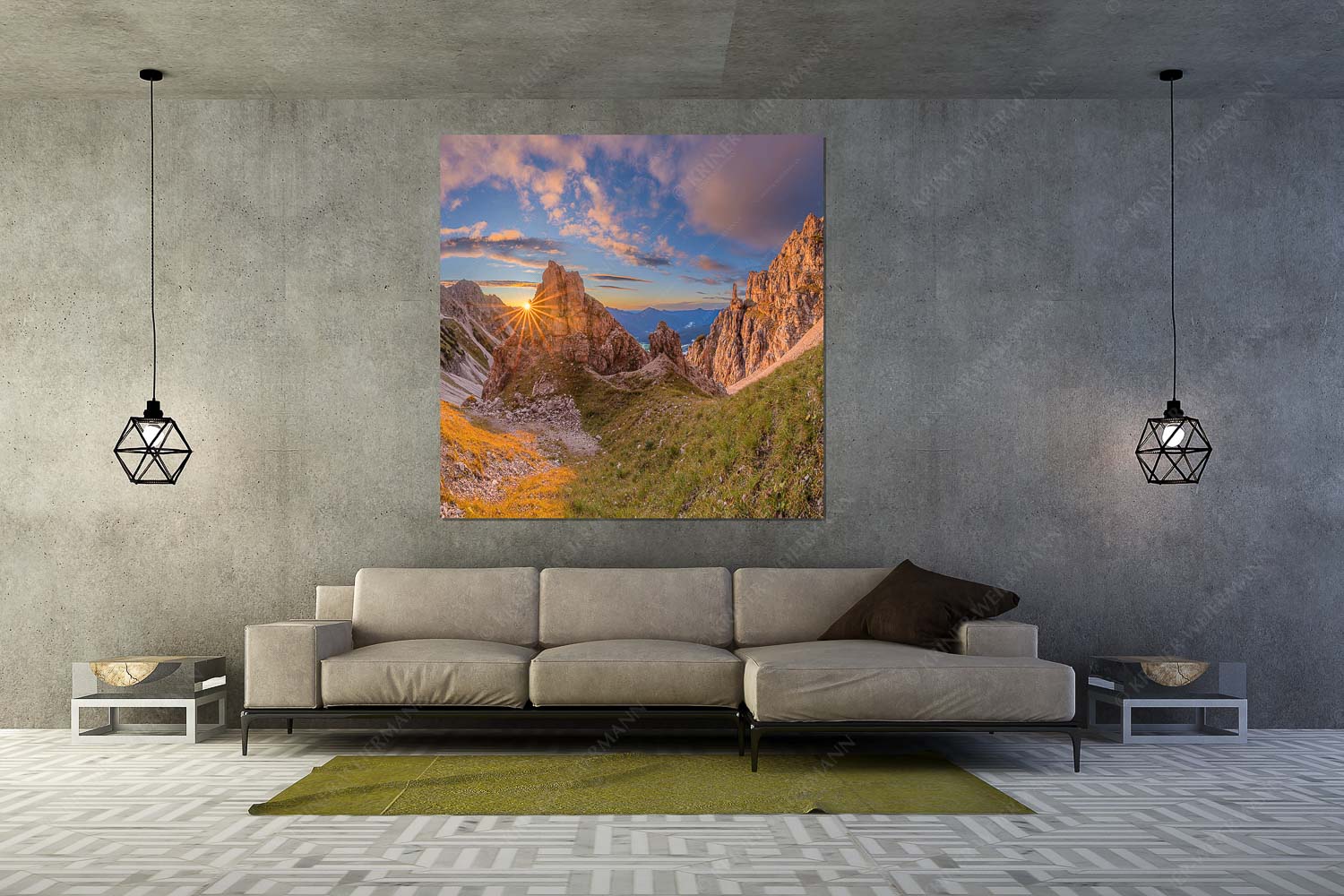 Letzte Sonnenstrahlen im Bereich der Schöttlkarspitze - Leuchttürme - Wandbild - Größe ca. 160x160cm, Seitenverhältnis 1:1 - Sonnenuntergang im Soierngebirge - weitere Infos unter https://www.kriner-weiermann.de