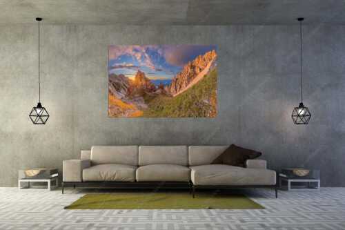 Letzte Sonnenstrahlen im Bereich der Schöttlkarspitze - Leuchttürme - Wandbild - Größe ca. 180x120cm, Seitenverhältnis 3:2 - Sonnenuntergang im Soierngebirge - weitere Infos unter https://www.kriner-weiermann.de