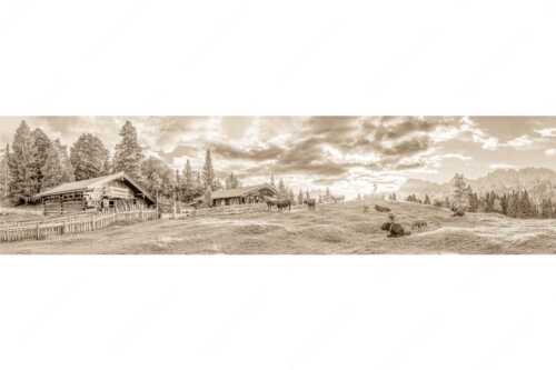 Friedliche Almwiese bei Mittenwald mit Karwendel im Morgenlicht - Oimarisch - Seitenverhältnis 4:1 - Mittenwald Buckelwiesen Alm - weitere Infos unter https://www.kriner-weiermann.de