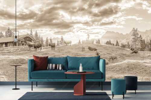 Friedliche Almwiese bei Mittenwald mit Karwendel im Morgenlicht - Oimarisch - Fototapete - Größe ca. 400x200cm, Seitenverhältnis 2:1 - Mittenwald Buckelwiesen Alm - weitere Infos unter https://www.kriner-weiermann.de