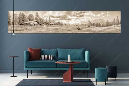 Friedliche Almwiese bei Mittenwald mit Karwendel im Morgenlicht - Oimarisch - Wandbild - Größe ca. 350x70cm, Seitenverhältnis 5:1 - Mittenwald Buckelwiesen Alm - weitere Infos unter https://www.kriner-weiermann.de