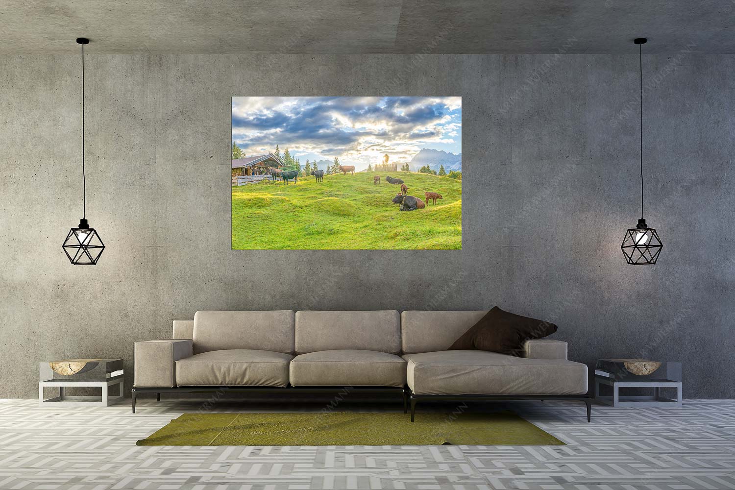 Oimarisch – Wandbild – Größe ca. 180x120cm, Seitenverhältnis 3:2 — Mittenwald Buckelwiesen Alm Friedliche Almwiese bei Mittenwald mit Karwendel im Morgenlicht - Oimarisch - Wandbild - Größe ca. 180x120cm, Seitenverhältnis 3:2 - Mittenwald Buckelwiesen Alm - weitere Infos unter https://www.kriner-weiermann.de