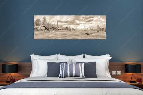 Friedliche Almwiese bei Mittenwald mit Karwendel im Morgenlicht - Oimarisch - Wandbild - Größe ca. 180x60cm, Seitenverhältnis 3:1 - Mittenwald Buckelwiesen Alm - weitere Infos unter https://www.kriner-weiermann.de