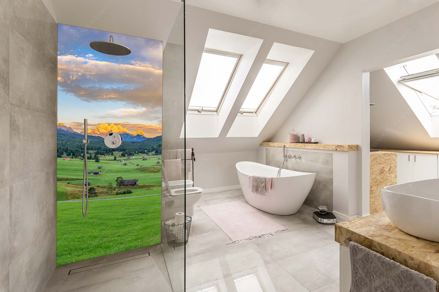 Wunderbares Werdenfels – Alu-Dibond Badezimmer Bild – Größe ca. 110x220cm, Seitenverhältnis 1:2 — Karwendel Wetterstein und Estergebirge Erstes Sonnenlicht am Zugspitzmassiv - Wunderbares Werdenfels - Alu-Dibond Badezimmer Bild - Größe ca. 110x220cm, Seitenverhältnis 1:2 - Karwendel Wetterstein und Estergebirge - weitere Infos unter https://www.kriner-weiermann.de