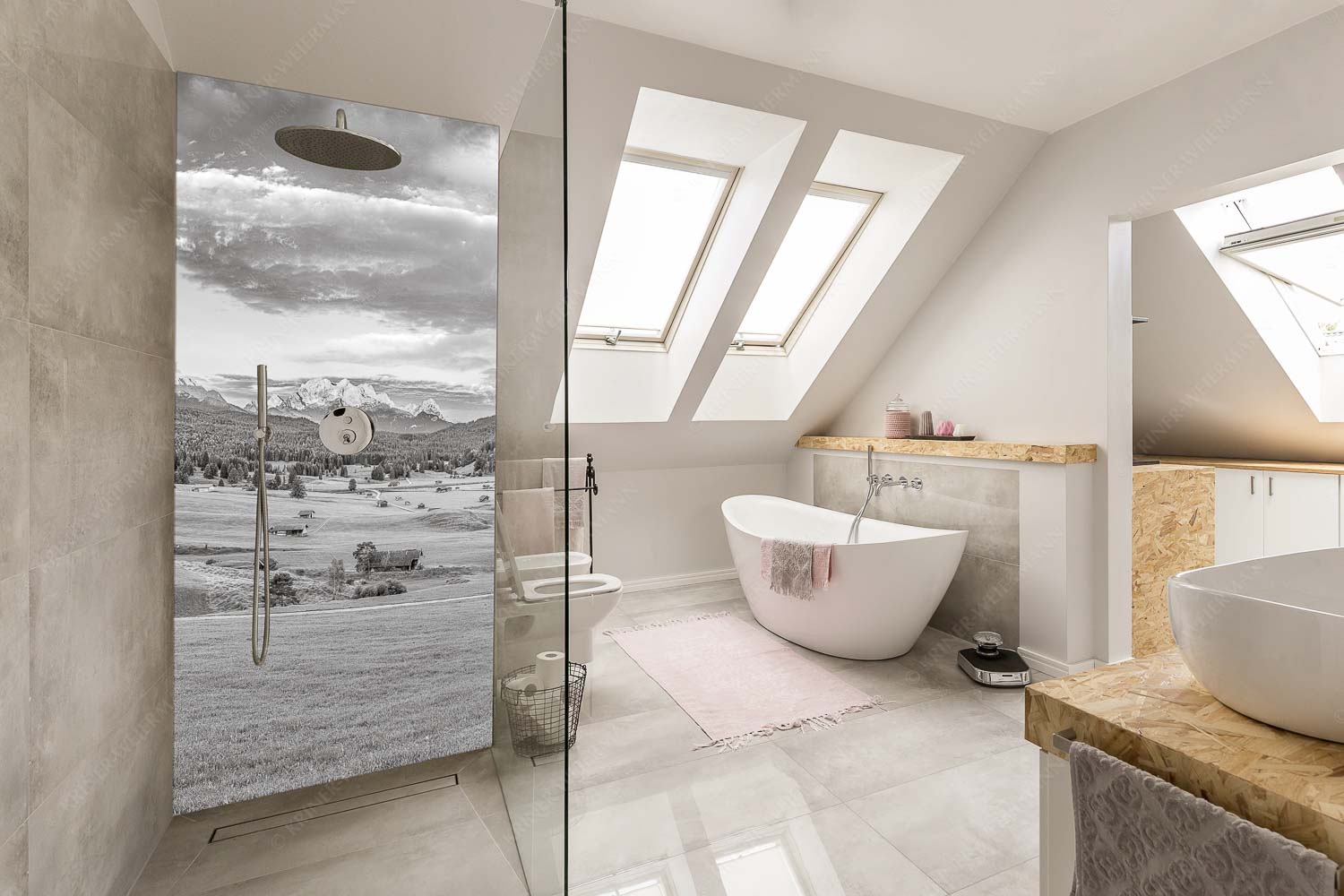 Erstes Sonnenlicht am Zugspitzmassiv - Wunderbares Werdenfels - Alu-Dibond Badezimmer Bild - Größe ca. 110x220cm, Seitenverhältnis 1:2 - Karwendel Wetterstein und Estergebirge - weitere Infos unter https://www.kriner-weiermann.de