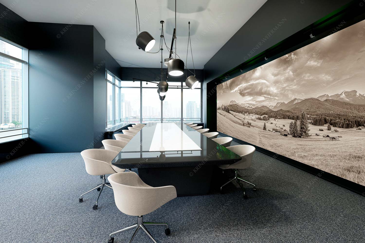 Wunderbares Werdenfels – Akustikbild – Größe ca. 600x200cm, Seitenverhältnis 3:1 — Karwendel Wetterstein und Estergebirge Erstes Sonnenlicht am Zugspitzmassiv - Wunderbares Werdenfels - Akustikbild - Größe ca. 600x200cm, Seitenverhältnis 3:1 - Karwendel Wetterstein und Estergebirge - weitere Infos unter https://www.kriner-weiermann.de