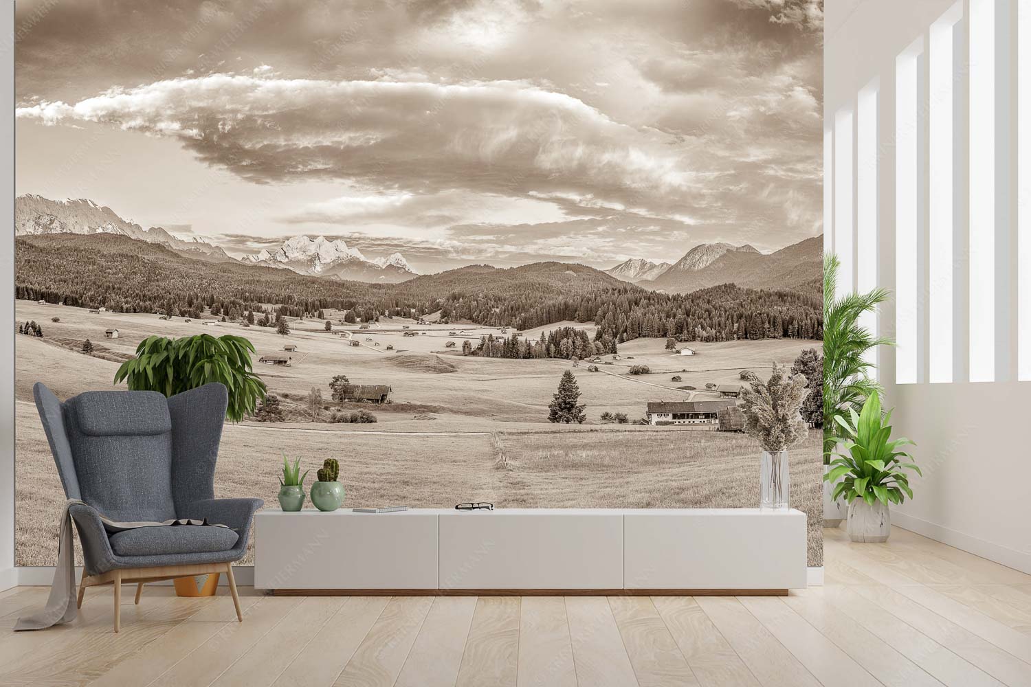 Wunderbares Werdenfels – Fototapete – Größe ca. 300x200cm, Seitenverhältnis 3:2 — Karwendel Wetterstein und Estergebirge Erstes Sonnenlicht am Zugspitzmassiv - Wunderbares Werdenfels - Fototapete - Größe ca. 300x200cm, Seitenverhältnis 3:2 - Karwendel Wetterstein und Estergebirge - weitere Infos unter https://www.kriner-weiermann.de