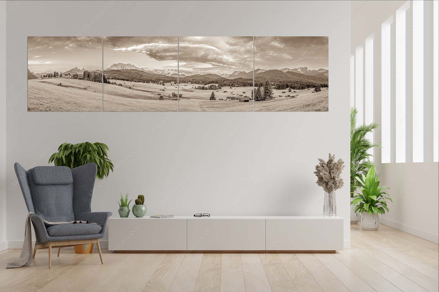 Wunderbares Werdenfels – Wandbild – 4er Split, Größe ca. 280x70cm, Seitenverhältnis 4:1 — Karwendel Wetterstein und Estergebirge Erstes Sonnenlicht am Zugspitzmassiv - Wunderbares Werdenfels - Wandbild - 4er Split, Größe ca. 280x70cm, Seitenverhältnis 4:1 - Karwendel Wetterstein und Estergebirge - weitere Infos unter https://www.kriner-weiermann.de