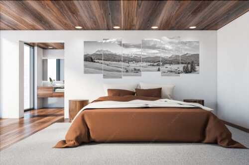 Erstes Sonnenlicht am Zugspitzmassiv - Wunderbares Werdenfels - Wandbild - 6er Split, Größe ca. 280x112cm, Seitenverhältnis 2,5:1 - Karwendel Wetterstein und Estergebirge - weitere Infos unter https://www.kriner-weiermann.de