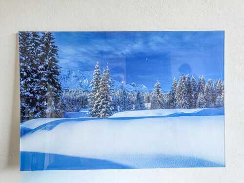 Tiefwinter in Elmau mit Blick zum Wettersteinkamm - Silikon-Versiegelung unter Acryl und auf Aluminium-Träger - Wintermärchen - 90 cm x 60 cm