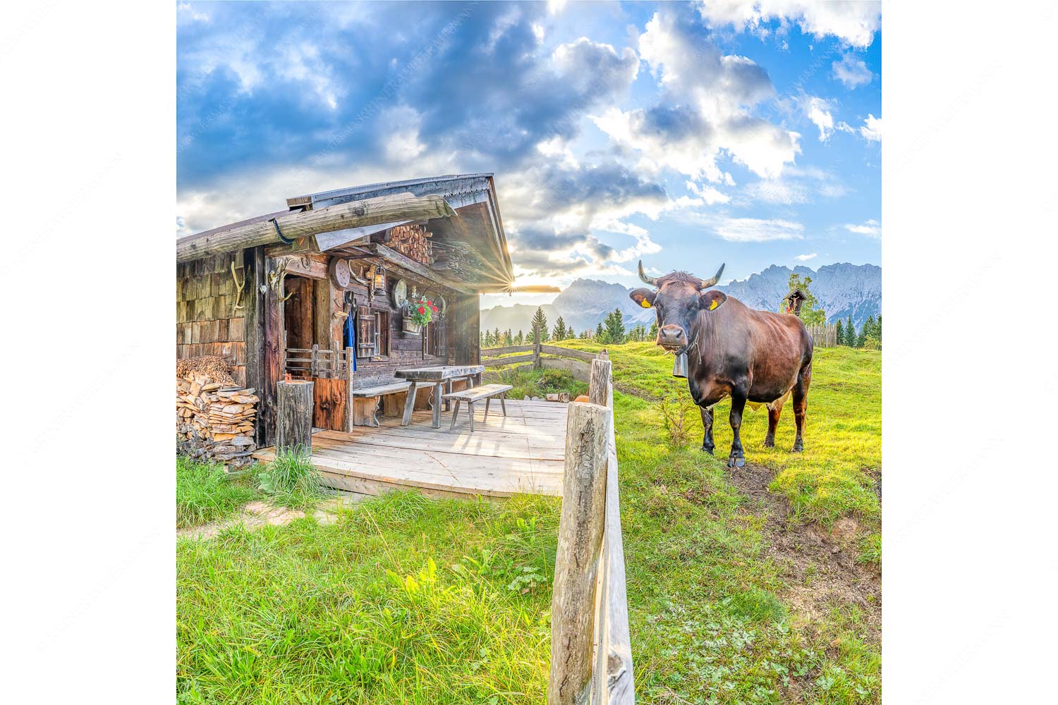 Malerische Almhütte bei Mittenwald mit Karwendel - Almbiente II - Seitenverhältnis 1:1 - Mittenwald Alm Buckelwiesen Karwendel - weitere Infos unter https://www.kriner-weiermann.de
