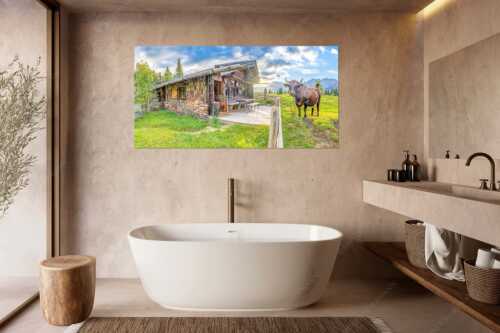 Malerische Almhütte bei Mittenwald mit Karwendel - Almbiente II - Wandbild - Größe ca. 180x90cm, Seitenverhältnis 2:1 - Mittenwald Alm Buckelwiesen Karwendel - weitere Infos unter https://www.kriner-weiermann.de