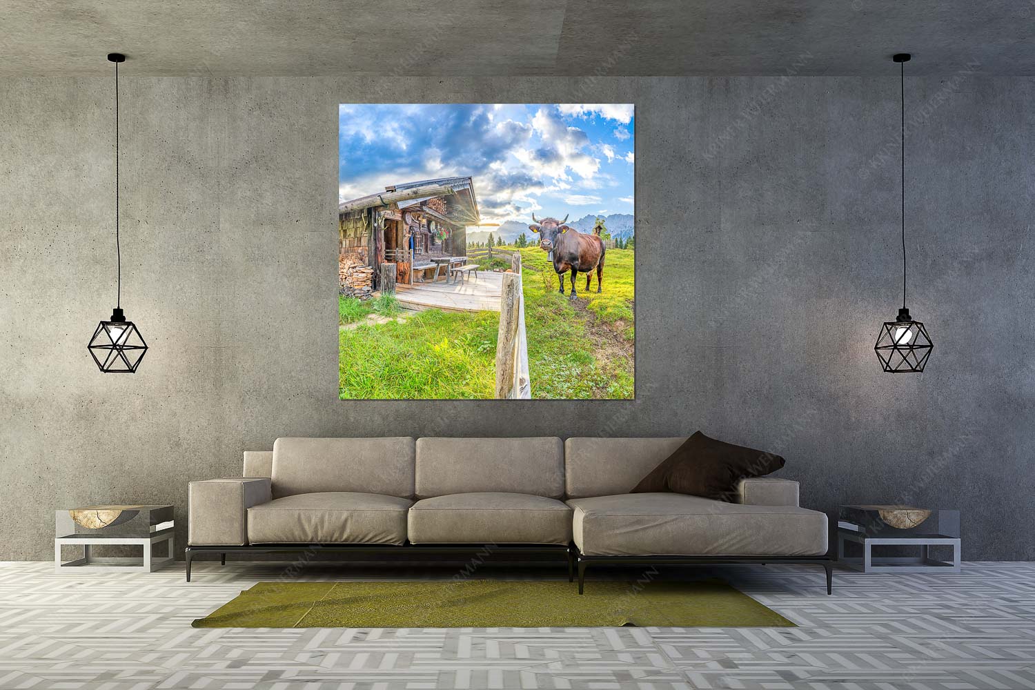 Malerische Almhütte bei Mittenwald mit Karwendel - Almbiente II - Wandbild - Größe ca. 160x160cm, Seitenverhältnis 1:1 - Mittenwald Alm Buckelwiesen Karwendel - weitere Infos unter https://www.kriner-weiermann.de