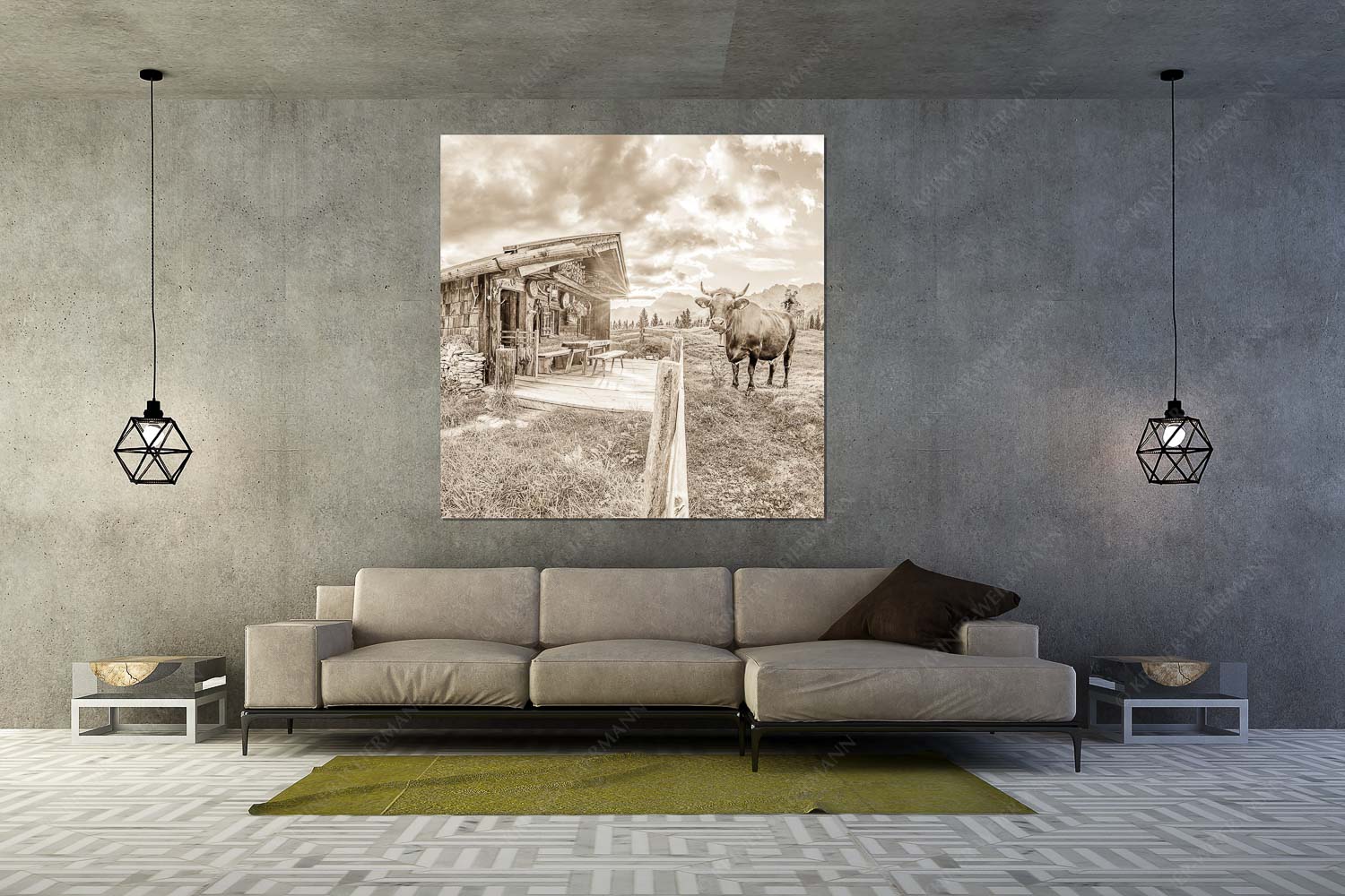 Malerische Almhütte bei Mittenwald mit Karwendel - Almbiente II - Wandbild - Größe ca. 160x160cm, Seitenverhältnis 1:1 - Mittenwald Alm Buckelwiesen Karwendel - weitere Infos unter https://www.kriner-weiermann.de