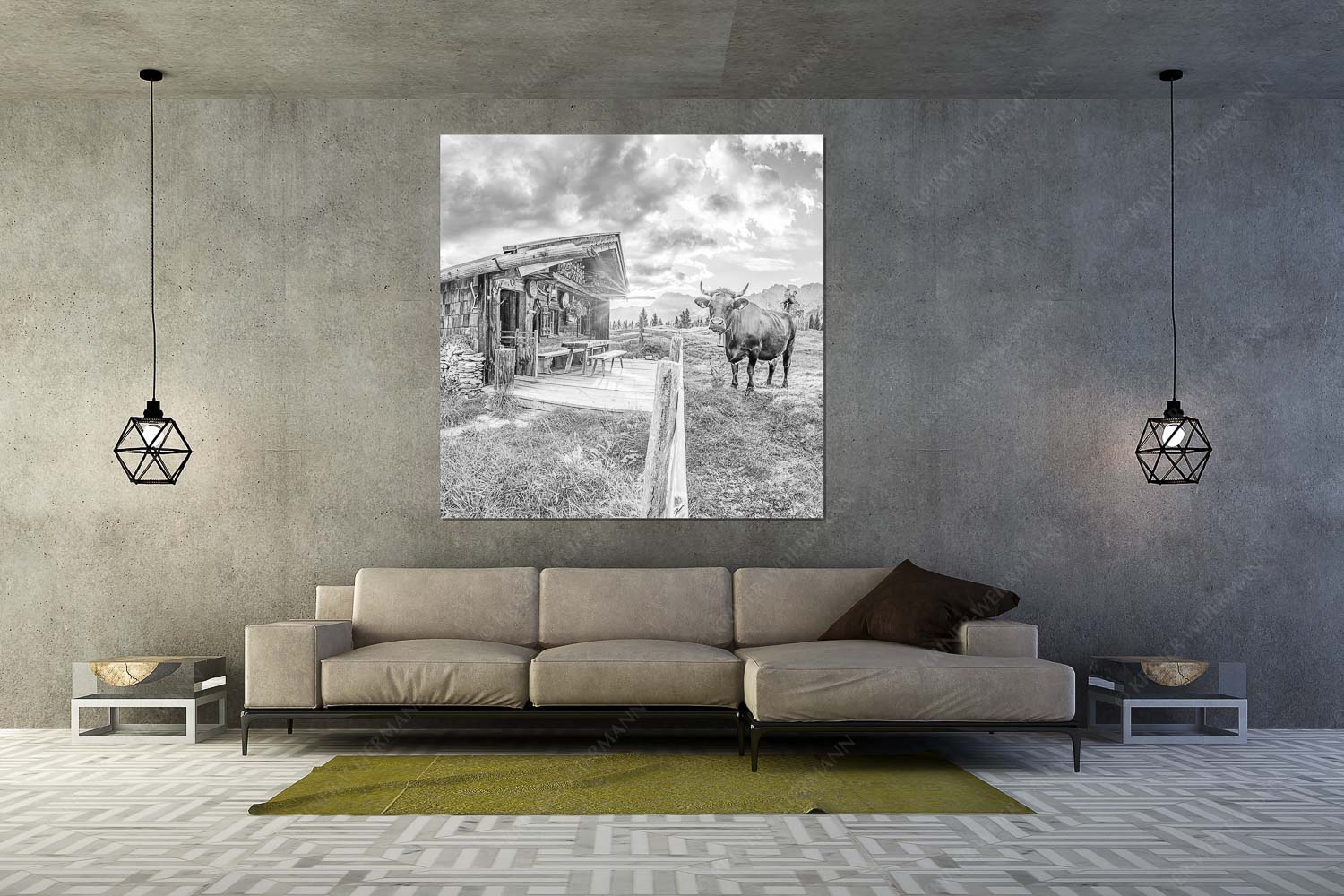 Malerische Almhütte bei Mittenwald mit Karwendel - Almbiente II - Wandbild - Größe ca. 160x160cm, Seitenverhältnis 1:1 - Mittenwald Alm Buckelwiesen Karwendel - weitere Infos unter https://www.kriner-weiermann.de