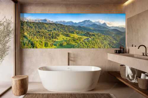 Blick über die Ortschaft Wamberg zum Zugspitzmassiv im Wettersteingebirge - Alpendorf - Wandbild - Größe ca. 300x100cm, Seitenverhältnis 3:1 - Wamberg mit Wetterstein - weitere Infos unter https://www.kriner-weiermann.de
