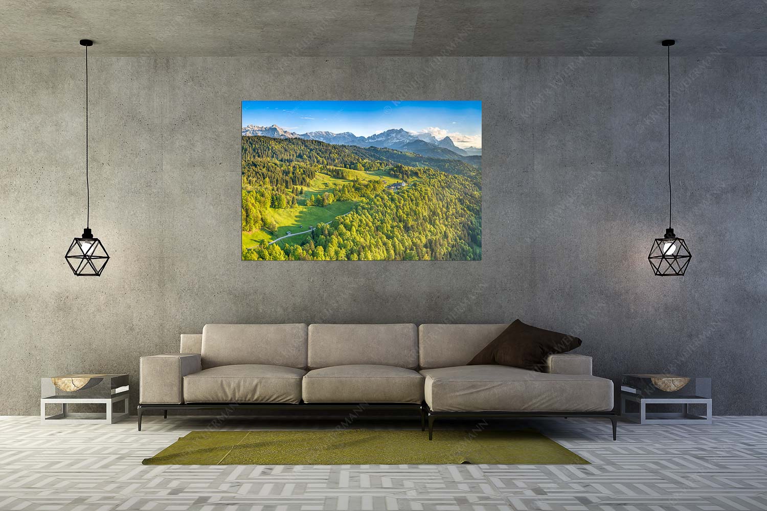 Alpendorf – Wandbild – Größe ca. 180x120cm, Seitenverhältnis 3:2 — Wamberg mit Wetterstein Blick über die Ortschaft Wamberg zum Zugspitzmassiv im Wettersteingebirge - Alpendorf - Wandbild - Größe ca. 180x120cm, Seitenverhältnis 3:2 - Wamberg mit Wetterstein - weitere Infos unter https://www.kriner-weiermann.de