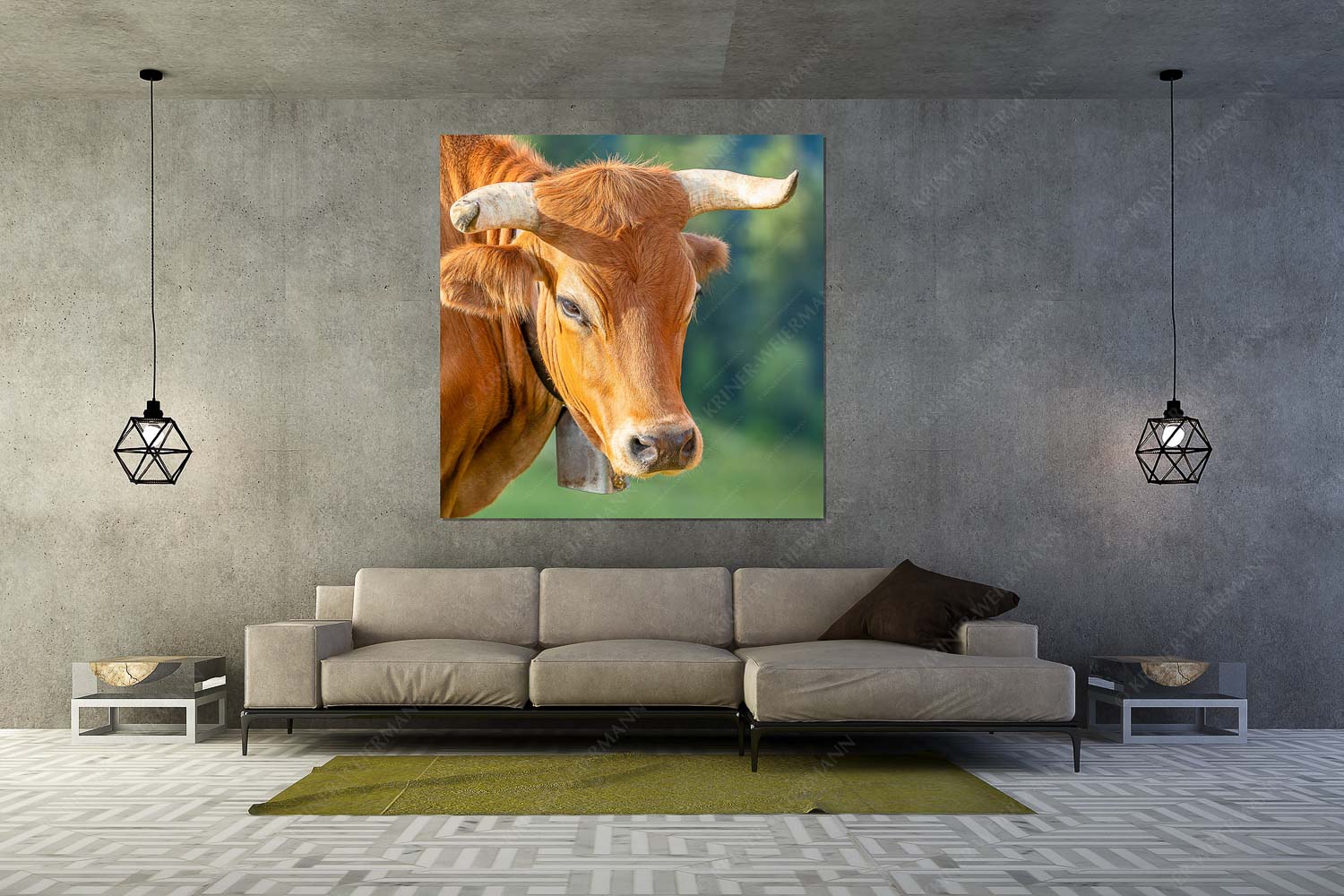 Der Meister – Wandbild – Größe ca. 160x160cm, Seitenverhältnis 1:1 — Murnau Werdenfelser Rind Porträt eines Murnau-Werdenfelser Ochsen im Estergebirge - Der Meister - Wandbild - Größe ca. 160x160cm, Seitenverhältnis 1:1 - Murnau Werdenfelser Rind - weitere Infos unter https://www.kriner-weiermann.de