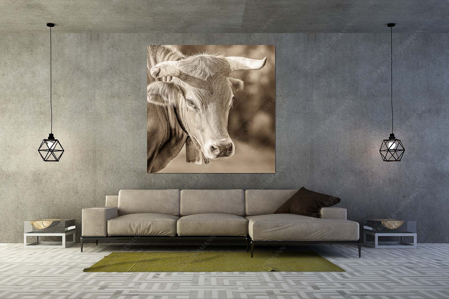 Porträt eines Murnau-Werdenfelser Ochsen im Estergebirge - Der Meister - Wandbild - Größe ca. 160x160cm, Seitenverhältnis 1:1 - Murnau Werdenfelser Rind - weitere Infos unter https://www.kriner-weiermann.de