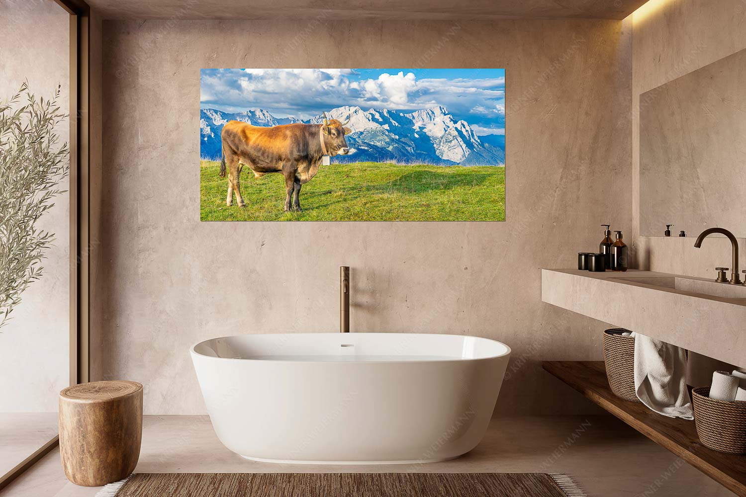 Echsla – Wandbild – Größe ca. 180x90cm, Seitenverhältnis 2:1 — Werdenfelser Stier Murnau Werdenfelser Rind am Wank mit Wettersteingebirge - Echsla - Wandbild - Größe ca. 180x90cm, Seitenverhältnis 2:1 - Werdenfelser Stier - weitere Infos unter https://www.kriner-weiermann.de