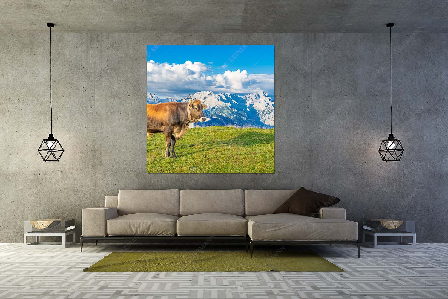 Murnau Werdenfelser Rind am Wank mit Wettersteingebirge - Echsla - Wandbild - Größe ca. 160x160cm, Seitenverhältnis 1:1 - Werdenfelser Stier - weitere Infos unter https://www.kriner-weiermann.de