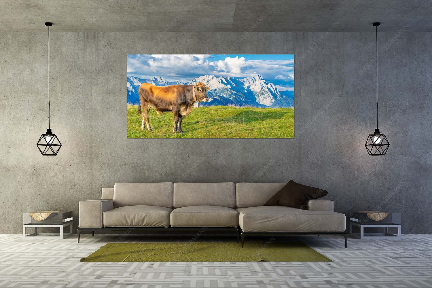 Echsla – Wandbild – Größe ca. 200x100cm, Seitenverhältnis 2:1 — Werdenfelser Stier Murnau Werdenfelser Rind am Wank mit Wettersteingebirge - Echsla - Wandbild - Größe ca. 200x100cm, Seitenverhältnis 2:1 - Werdenfelser Stier - weitere Infos unter https://www.kriner-weiermann.de