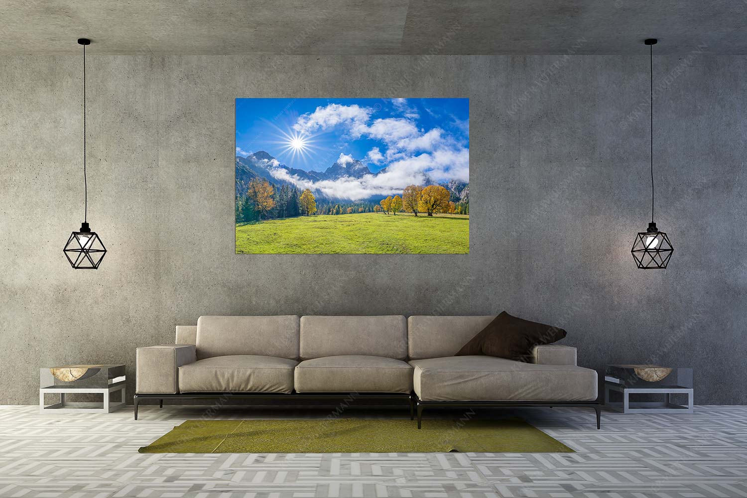 Extravaganz – Wandbild – Größe ca. 180x120cm, Seitenverhältnis 3:2 — Herbstfärbung im Karwendel Das Rontal mit dem Stock der Östlichen Karwendelspitze - Extravaganz - Wandbild - Größe ca. 180x120cm, Seitenverhältnis 3:2 - Herbstfärbung im Karwendel - weitere Infos unter https://www.kriner-weiermann.de
