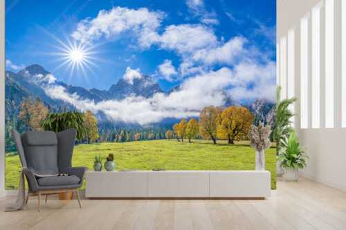 Das Rontal mit dem Stock der Östlichen Karwendelspitze - Extravaganz - Fototapete - Größe ca. 300x200cm, Seitenverhältnis 3:2 - Herbstfärbung im Karwendel - weitere Infos unter https://www.kriner-weiermann.de