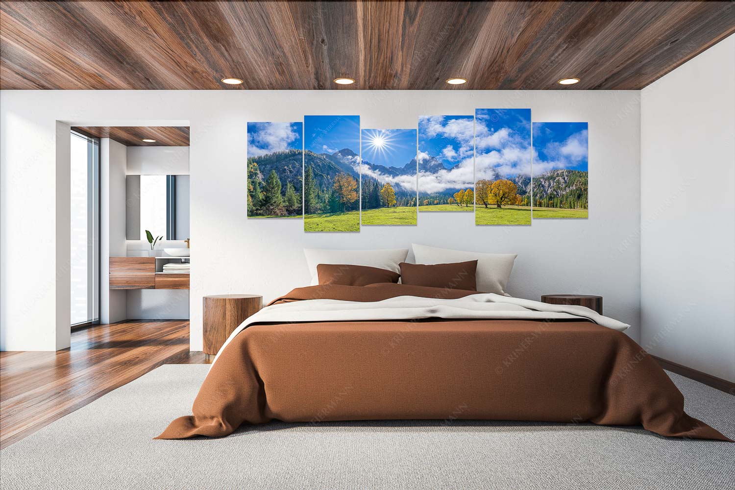 Extravaganz – Wandbild – 6er Split, Größe ca. 280x112cm, Seitenverhältnis 2,5:1 — Herbstfärbung im Karwendel Das Rontal mit dem Stock der Östlichen Karwendelspitze - Extravaganz - Wandbild - 6er Split, Größe ca. 280x112cm, Seitenverhältnis 2,5:1 - Herbstfärbung im Karwendel - weitere Infos unter https://www.kriner-weiermann.de