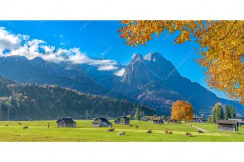 Blick über eine Herbstweide in Garmisch-Partenkirchen zum Wettersteingebirge - Garmischer Herbstidylle - Seitenverhältnis 2:1 - Alpspitze Waxenstein - weitere Infos unter https://www.kriner-weiermann.de