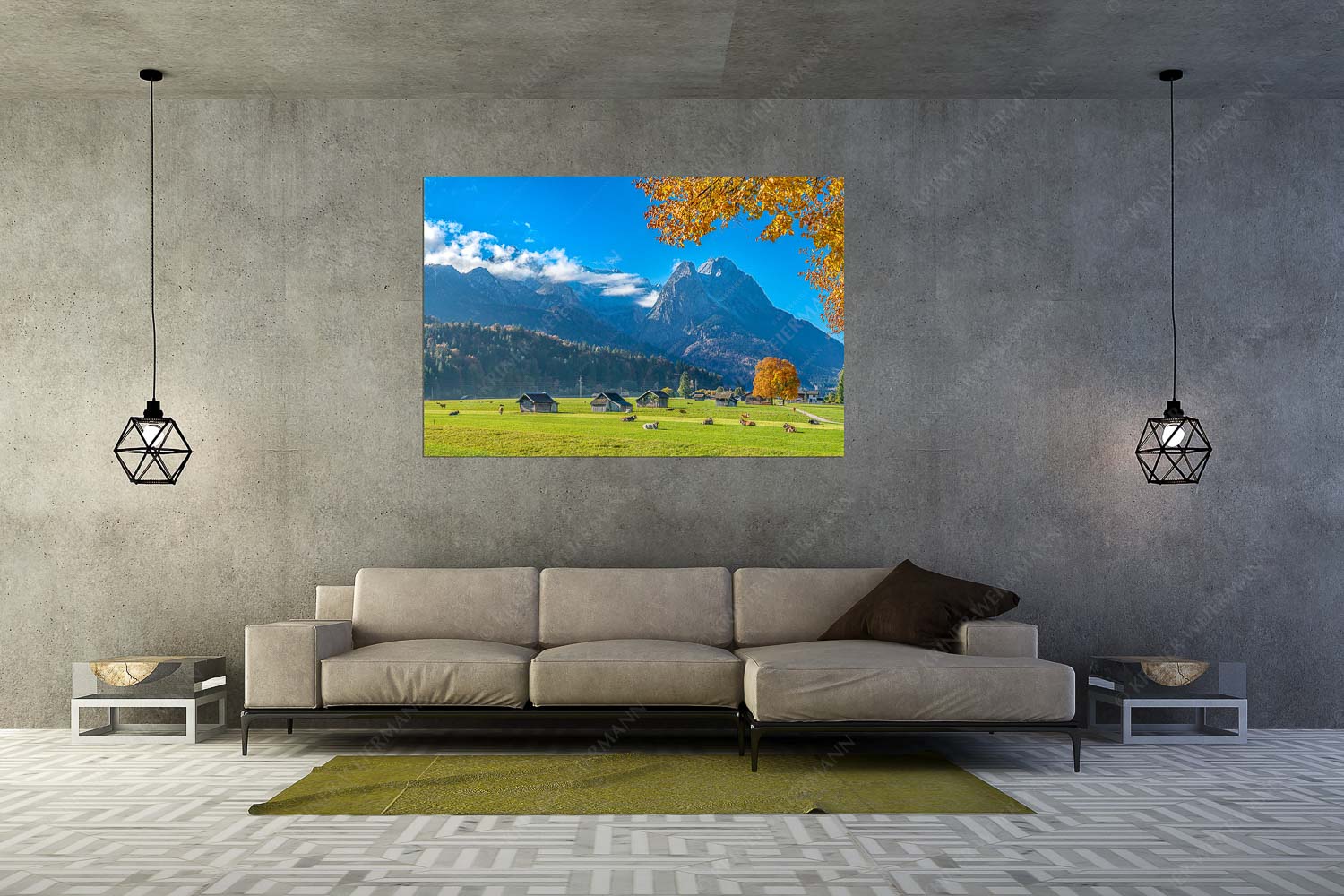 Garmischer Herbstidylle – Wandbild – Größe ca. 180x120cm, Seitenverhältnis 3:2 — Alpspitze Waxenstein Blick über eine Herbstweide in Garmisch-Partenkirchen zum Wettersteingebirge - Garmischer Herbstidylle - Wandbild - Größe ca. 180x120cm, Seitenverhältnis 3:2 - Alpspitze Waxenstein - weitere Infos unter https://www.kriner-weiermann.de