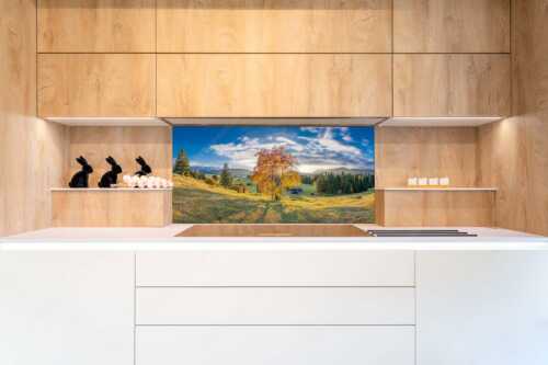 Herbststimmung an den Buckelwiesen zwischen Krün und Mittenwald - Goldene Zeiten - Küchenrückwand - Größe ca. 120x60cm, Seitenverhältnis 2:1 - Buckelwiesen Alpenwelt Karwendel - weitere Infos unter https://www.kriner-weiermann.de