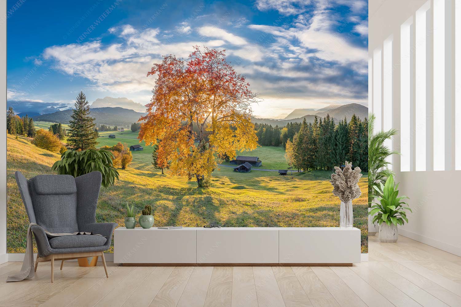 Goldene Zeiten – Fototapete – Größe ca. 300x200cm, Seitenverhältnis 3:2 — Buckelwiesen Alpenwelt Karwendel Herbststimmung an den Buckelwiesen zwischen Krün und Mittenwald - Goldene Zeiten - Fototapete - Größe ca. 300x200cm, Seitenverhältnis 3:2 - Buckelwiesen Alpenwelt Karwendel - weitere Infos unter https://www.kriner-weiermann.de