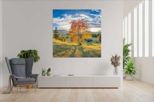 Herbststimmung an den Buckelwiesen zwischen Krün und Mittenwald - Goldene Zeiten - Wandbild - 4er Split, Größe ca. 180x180cm, Seitenverhältnis 1:1 - Buckelwiesen Alpenwelt Karwendel - weitere Infos unter https://www.kriner-weiermann.de