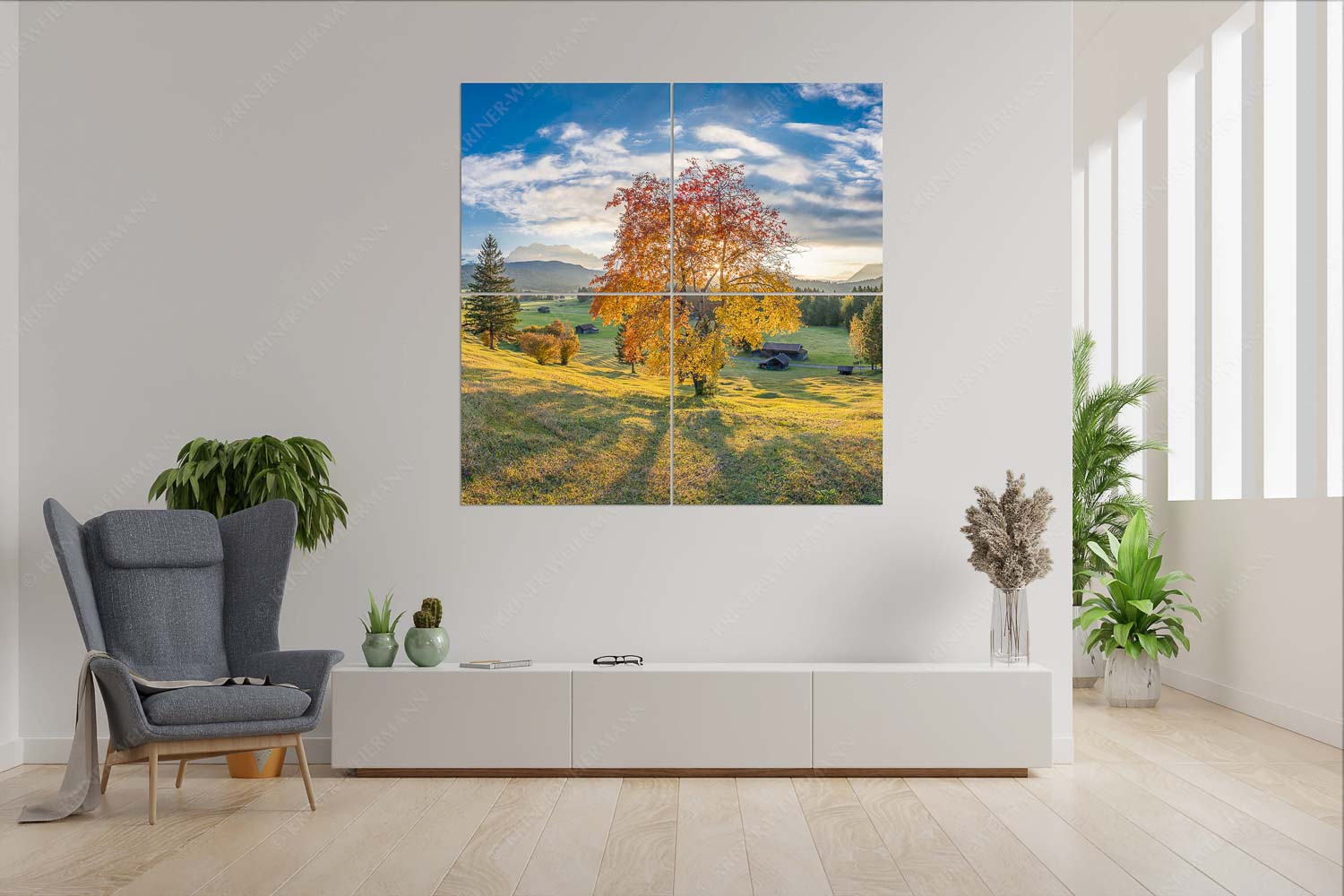 Goldene Zeiten – Wandbild – 4er Split, Größe ca. 180x180cm, Seitenverhältnis 1:1 — Buckelwiesen Alpenwelt Karwendel Herbststimmung an den Buckelwiesen zwischen Krün und Mittenwald - Goldene Zeiten - Wandbild - 4er Split, Größe ca. 180x180cm, Seitenverhältnis 1:1 - Buckelwiesen Alpenwelt Karwendel - weitere Infos unter https://www.kriner-weiermann.de