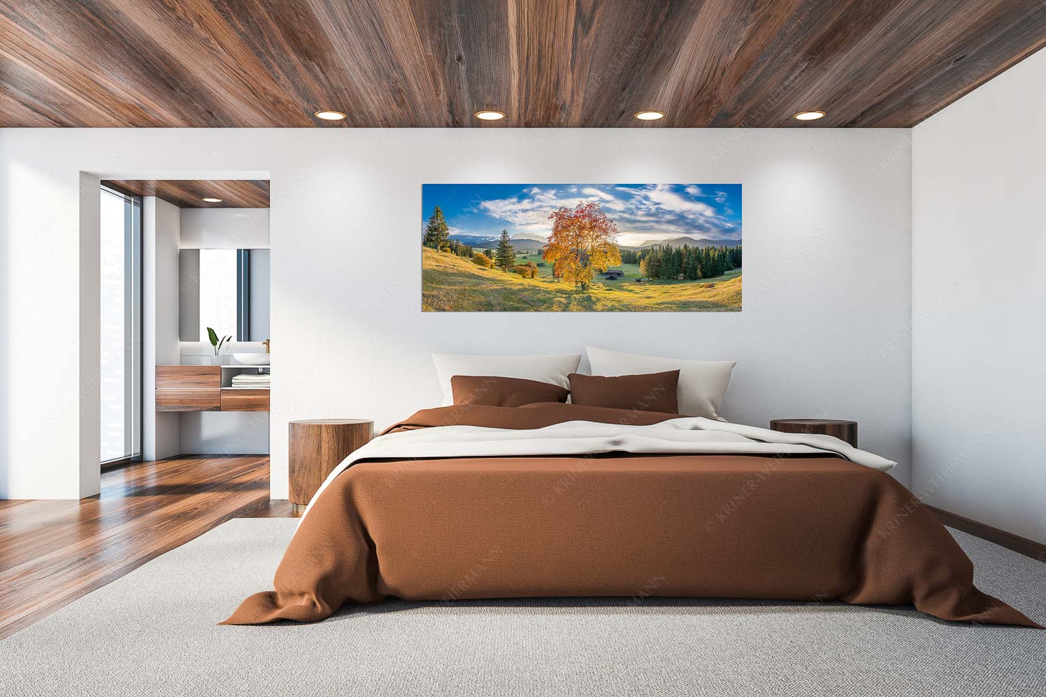 Herbststimmung an den Buckelwiesen zwischen Krün und Mittenwald - Goldene Zeiten - Wandbild - Größe ca. 200x80cm, Seitenverhältnis 2,5:1 - Buckelwiesen Alpenwelt Karwendel - weitere Infos unter https://www.kriner-weiermann.de