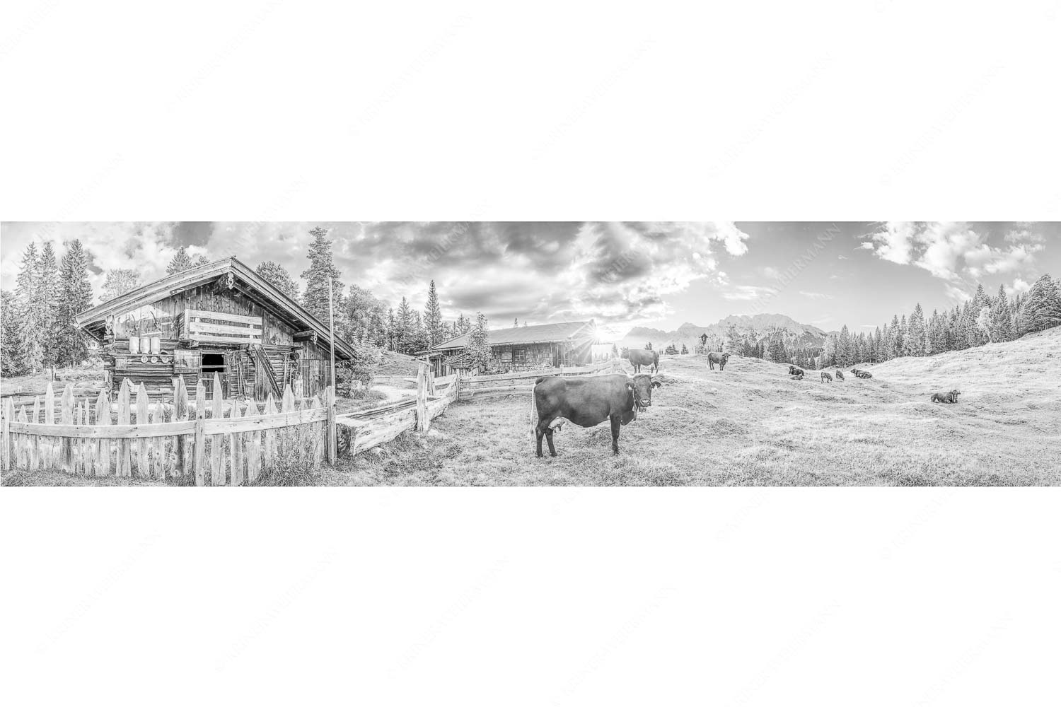 Malerische Almhütte bei Mittenwald mit Karwendel - Oimarisch VIII - Seitenverhältnis 4:1 - Mittenwald Alm Buckelwiesen Karwendel - weitere Infos unter https://www.kriner-weiermann.de