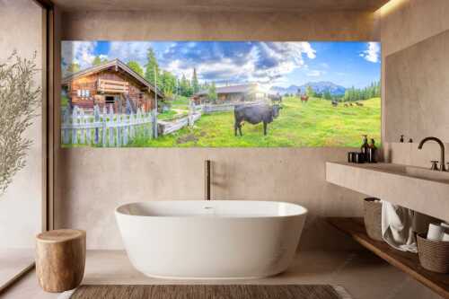 Malerische Almhütte bei Mittenwald mit Karwendel - Oimarisch VIII - Wandbild - Größe ca. 300x100cm, Seitenverhältnis 3:1 - Mittenwald Alm Buckelwiesen Karwendel - weitere Infos unter https://www.kriner-weiermann.de