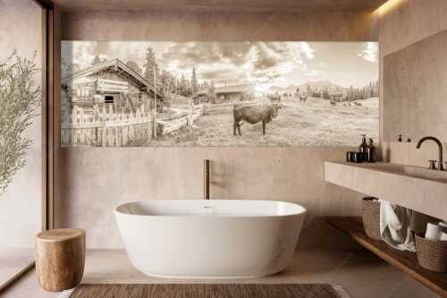 Malerische Almhütte bei Mittenwald mit Karwendel - Oimarisch VIII - Wandbild - Größe ca. 300x100cm, Seitenverhältnis 3:1 - Mittenwald Alm Buckelwiesen Karwendel - weitere Infos unter https://www.kriner-weiermann.de