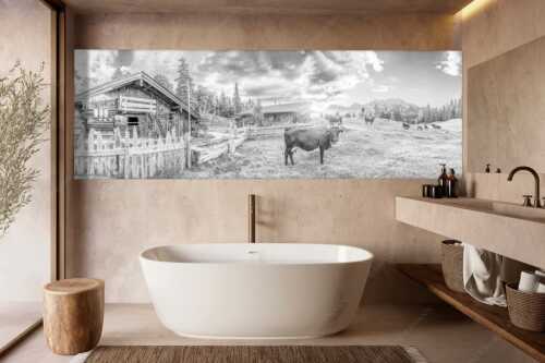 Malerische Almhütte bei Mittenwald mit Karwendel - Oimarisch VIII - Wandbild - Größe ca. 300x100cm, Seitenverhältnis 3:1 - Mittenwald Alm Buckelwiesen Karwendel - weitere Infos unter https://www.kriner-weiermann.de