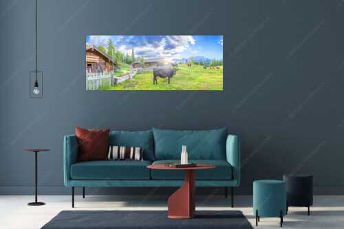 Malerische Almhütte bei Mittenwald mit Karwendel - Oimarisch VIII - Wandbild - Größe ca. 175x70cm, Seitenverhältnis 2,5:1 - Mittenwald Alm Buckelwiesen Karwendel - weitere Infos unter https://www.kriner-weiermann.de