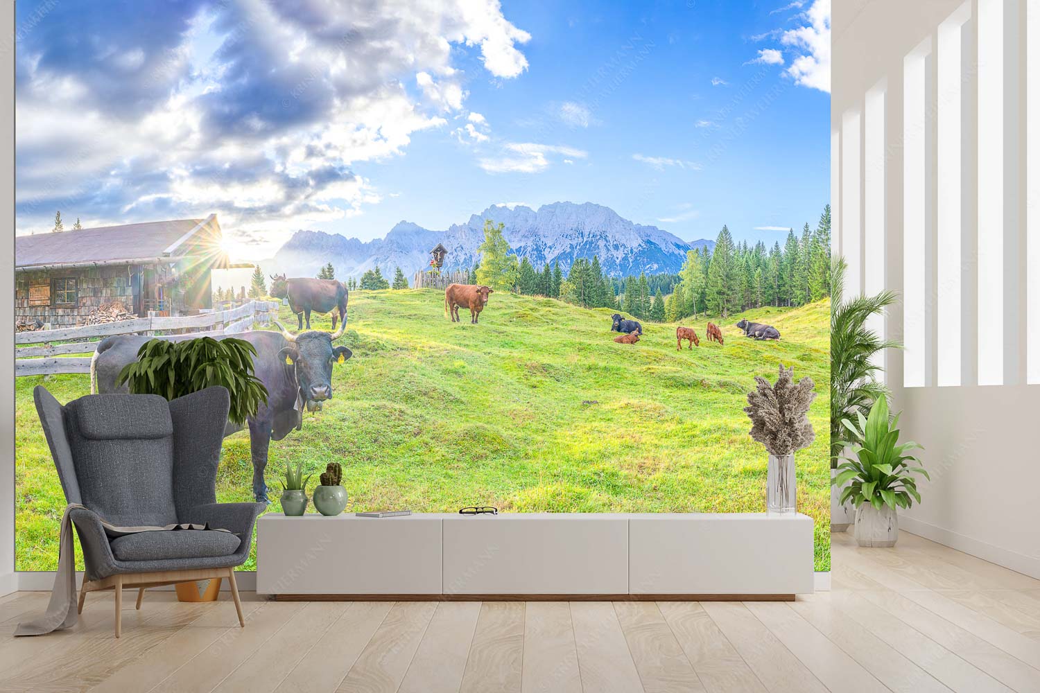 Oimarisch VIII – Fototapete – Größe ca. 300x200cm, Seitenverhältnis 3:2 — Mittenwald Alm Buckelwiesen Karwendel Malerische Almhütte bei Mittenwald mit Karwendel - Oimarisch VIII - Fototapete - Größe ca. 300x200cm, Seitenverhältnis 3:2 - Mittenwald Alm Buckelwiesen Karwendel - weitere Infos unter https://www.kriner-weiermann.de