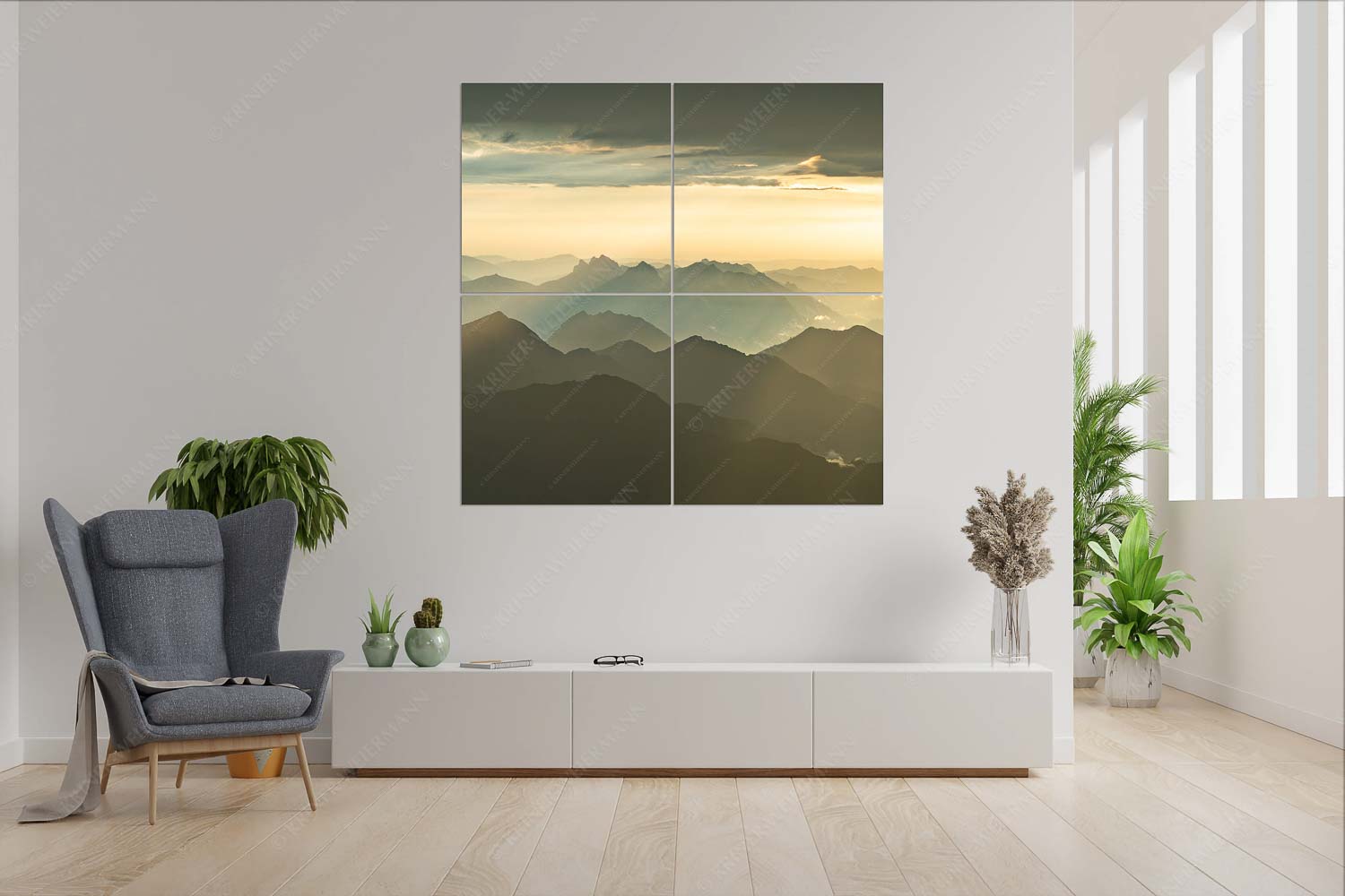 Shining – Wandbild – 4er Split, Größe ca. 180x180cm, Seitenverhältnis 1:1 — Silhouetten Abendstimmung auf der Zugspitze Blick von der Zugspitze über Thannheimer Berge in den Sonnenuntergang - Shining - Wandbild - 4er Split, Größe ca. 180x180cm, Seitenverhältnis 1:1 - Silhouetten Abendstimmung auf der Zugspitze - weitere Infos unter https://www.kriner-weiermann.de