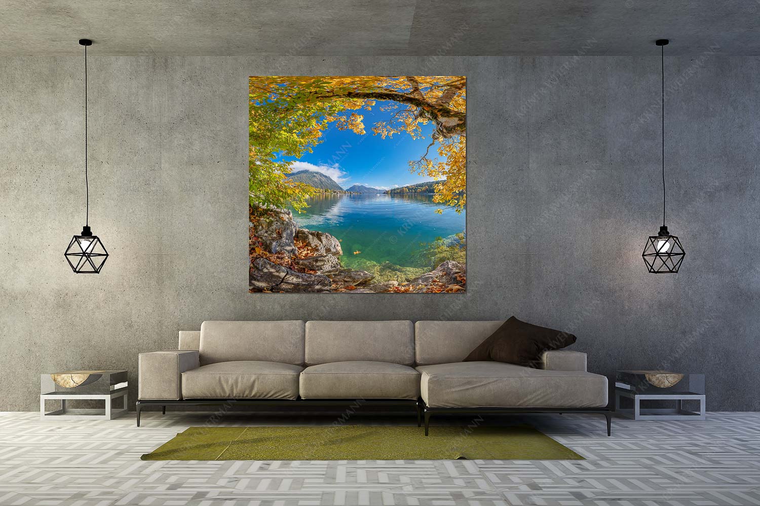 Walchensee im Herbst – Wandbild – Größe ca. 160x160cm, Seitenverhältnis 1:1 — Herzogstand mit Walchenseebucht Farbenfroh zeigen sich im Herbst die Uferregionen des Sees - Walchensee im Herbst - Wandbild - Größe ca. 160x160cm, Seitenverhältnis 1:1 - Herzogstand mit Walchenseebucht - weitere Infos unter https://www.kriner-weiermann.de