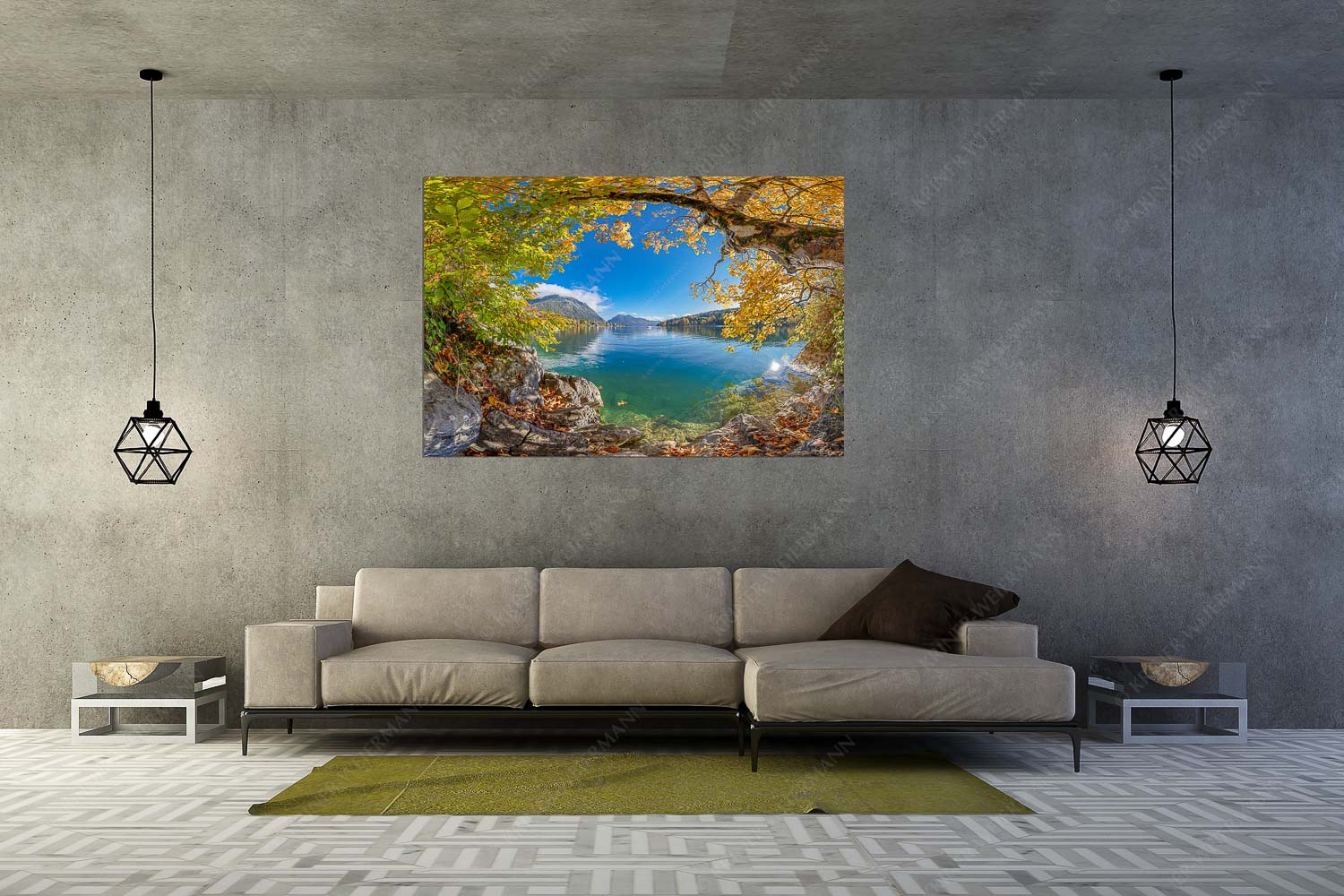 Farbenfroh zeigen sich im Herbst die Uferregionen des Sees - Walchensee im Herbst - Wandbild - Größe ca. 180x120cm, Seitenverhältnis 3:2 - Herzogstand mit Walchenseebucht - weitere Infos unter https://www.kriner-weiermann.de